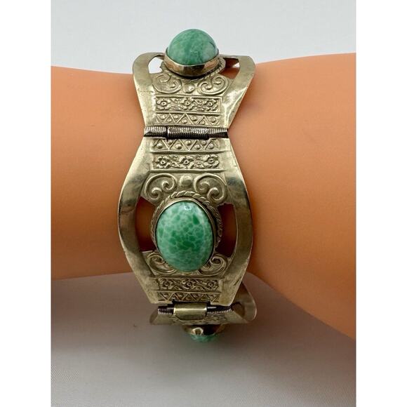 925 Sterling Silver Vintage Mexico Jade Peking Glass Panel Link Bracelet - Picture 5 of 10
